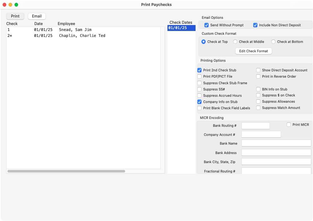 print paychecks in mac payroll